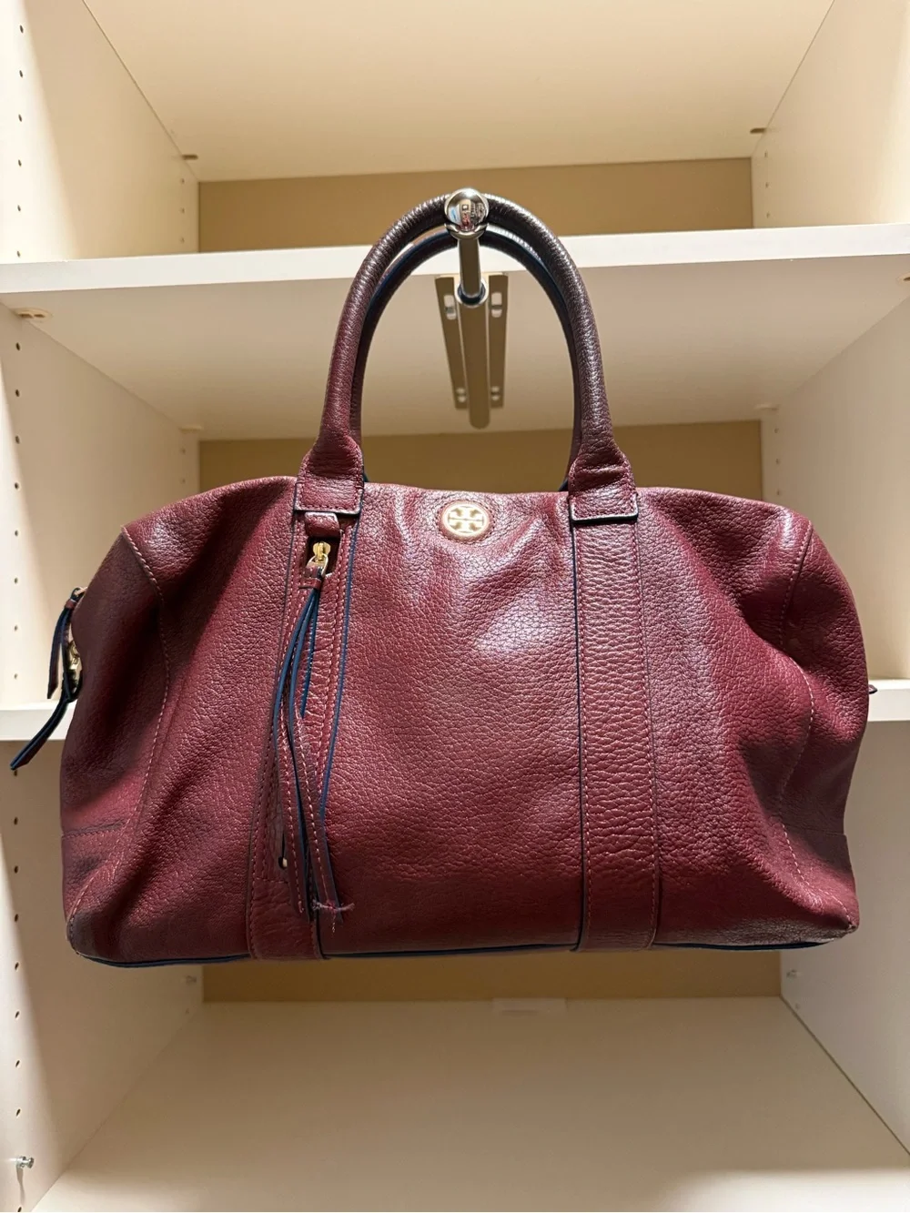 Tory Burch Wine Pebbled Leather Satchel with Gold Logo